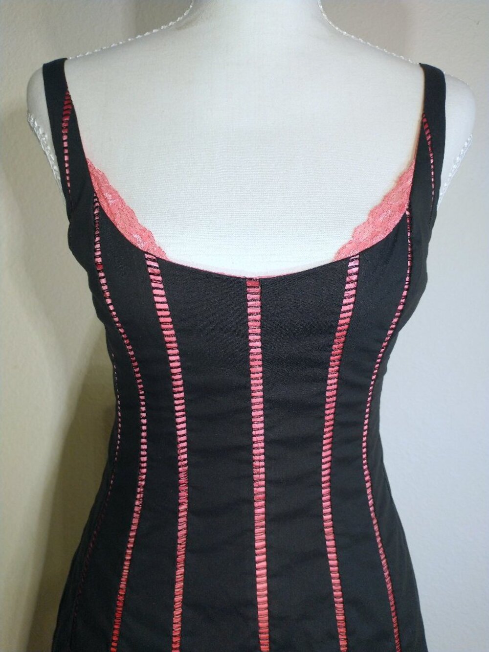 Rare Y2K Vtg Bebe Openwork Lattice Dress Pink Silk Lining Black Sexy Fit & Flare - Picture 2 of 16